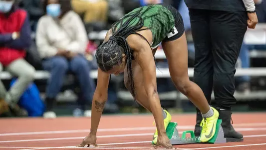 Jada Jones sprinting on Day One of Heps championship