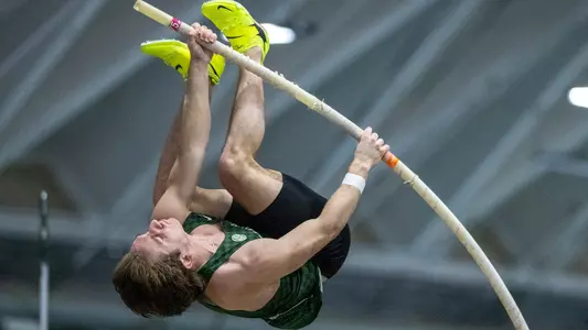 Sam Starrs vaulting on day one of Heps Championship