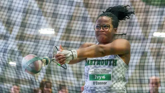 Olivia O'Connor throwing on day two of Heps Championship