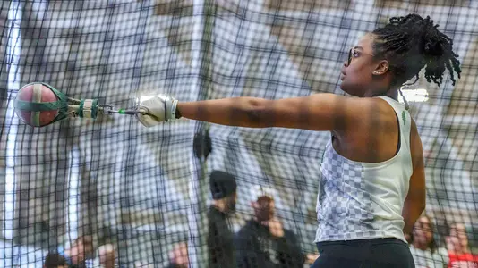 Olivia O'Connor throwing on day two of Heps Championship