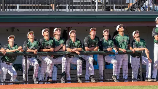 Dugout players following the path of a fly ball