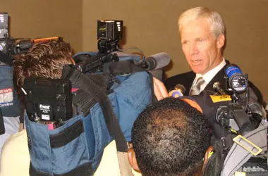 Bob McKillop talks to media after a press conference announcing his contract extension.