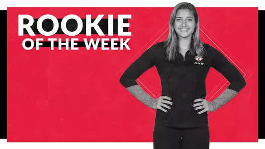 A graphic of Hannah Kanjian, A-10 Rookie of the Week