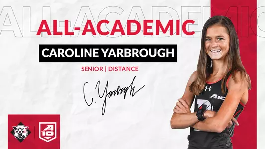 A graphic of Caroline Yarbrough, A-10 Indoor All-Academic team honoree