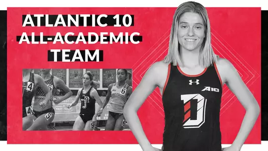 A graphic of A-10 All-Academic Team election, Eleni Daughters