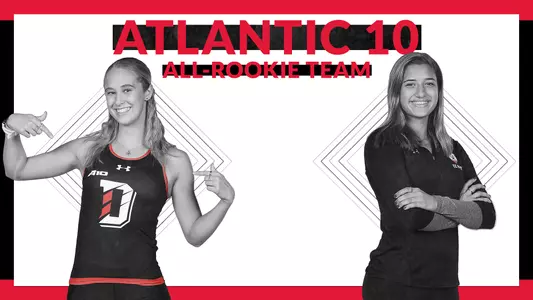 A graphic of A-10 All-Rookie Team honorees Rachel Horowitz and Hannah Kanjian
