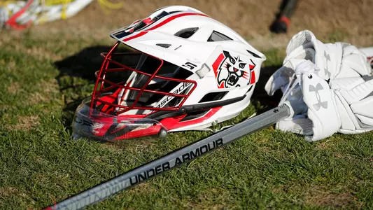A photo of a lacrosse goalie helmet and stick