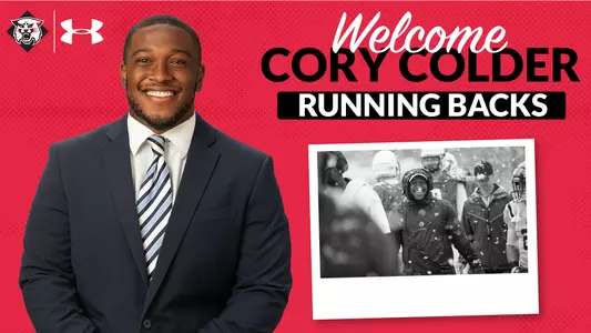 A graphic of new running backs coach Cory Colder