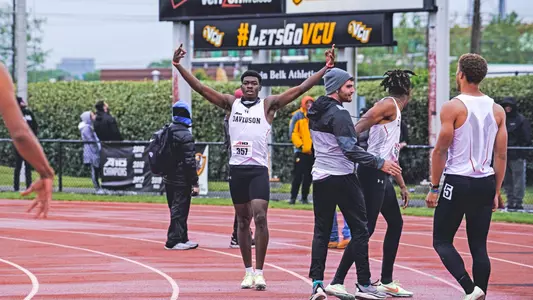 Jayden Smith celebrates at the 2022 A-10 Outdoor Championships