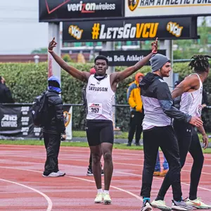 Jayden Smith celebrates at the A-10 Outdoor Championships