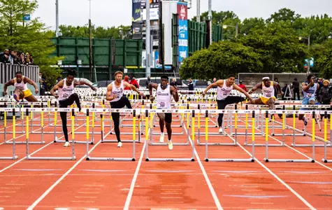 Bryce Anthony and Jayden Smith run the 110H at the 2022 A-10 Outdoor Championships
