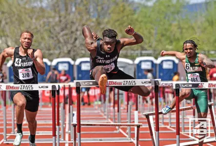 Jayden Smith runs the 110 hurdles at the Atlantic 10 Outdoor Championships on 5.6.23