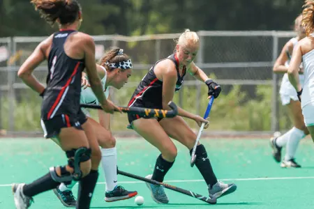 Davidson takes on Belmont Abby in non-conference exhibition women's field hockey action at Carol Grotnes Belk Turf Field on Monday, August 21, 2023 in Davidson, North Carolina.