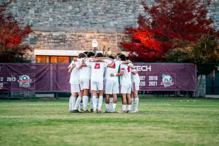 Men's soccer team huddle at Virginia Tech