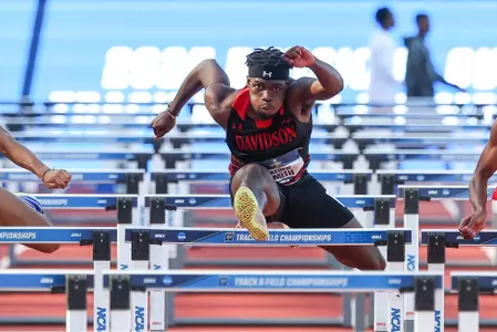 Jayden Smith of Davidson College participates in the 110M Hurdles at the 2024 NCAA D1 Track and Field Championships hosted by the University of Oregon at the Historic Hayward Field on Wednesday, June 05, 2024 in Eugene, Oregon. Credit - Eric Evans/DavidsonPhotos.com