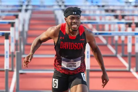 Jayden Smith of Davidson College participates in the 110M Hurdles at the 2024 NCAA D1 Track and Field Championships hosted by the University of Oregon at the Historic Hayward Field on Wednesday, June 05, 2024 in Eugene, Oregon. Credit - Eric Evans/DavidsonPhotos.com