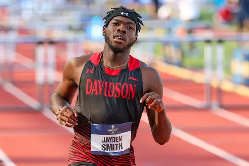 Jayden Smith of Davidson College participates in the 110M Hurdles at the 2024 NCAA D1 Track and Field Championships hosted by the University of Oregon at the Historic Hayward Field on Wednesday, June 05, 2024 in Eugene, Oregon. Credit - Eric Evans/DavidsonPhotos.com
