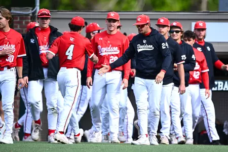 Davidson takes on Saint Louisin A-10 baseball action at Wilson Field on Saturday, April 12, 2025 in Davidson, North Carolina. Credit - Tim Cowie/DavidsonPhotos.com