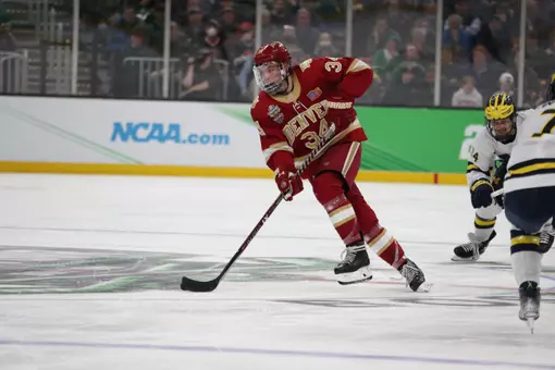 BOSTON, MA - APRIL 07: The Michigan Wolverines take on the Denver Pioneers in the Division I Men?s Ice Hockey Semifinals held at the TD Garden on April 07, 2022 in Boston, Massachusetts. (Photo by Damian Strohmeyer/NCAA Photos via Getty Images)