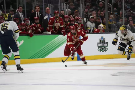 BOSTON, MA - APRIL 07: The Michigan Wolverines take on the Denver Pioneers in the Division I Men?s Ice Hockey Semifinals held at the TD Garden on April 07, 2022 in Boston, Massachusetts. (Photo by Damian Strohmeyer/NCAA Photos via Getty Images)