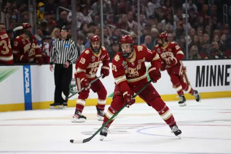 BOSTON, MA - APRIL 09: The Denver Pioneers take on the Minnesota State Mavericks during the Division I Men?s Ice Hockey Championship held at the TD Garden on April 09, 2022 in Boston, Massachusetts. (Photo by Damian Strohmeyer/NCAA Photos via Getty Images)