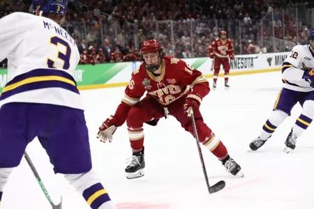 BOSTON, MA - APRIL 09: The Denver Pioneers take on the Minnesota State Mavericks during the Division I Men?s Ice Hockey Championship held at the TD Garden on April 09, 2022 in Boston, Massachusetts. (Photo by Damian Strohmeyer/NCAA Photos via Getty Images)