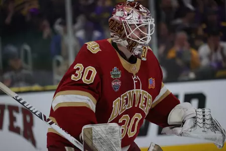 BOSTON, MA - APRIL 09: The Denver Pioneers take on the Minnesota State Mavericks during the Division I Men?s Ice Hockey Championship held at the TD Garden on April 09, 2022 in Boston, Massachusetts. (Photo by Damian Strohmeyer/NCAA Photos via Getty Images)