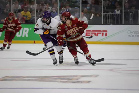 BOSTON, MA - APRIL 09: The Denver Pioneers take on the Minnesota State Mavericks during the Division I Men?s Ice Hockey Championship held at the TD Garden on April 09, 2022 in Boston, Massachusetts. (Photo by Damian Strohmeyer/NCAA Photos via Getty Images)