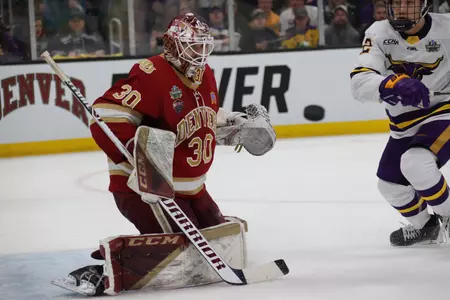 BOSTON, MA - APRIL 09: The Denver Pioneers take on the Minnesota State Mavericks during the Division I Men?s Ice Hockey Championship held at the TD Garden on April 09, 2022 in Boston, Massachusetts. (Photo by Damian Strohmeyer/NCAA Photos via Getty Images)