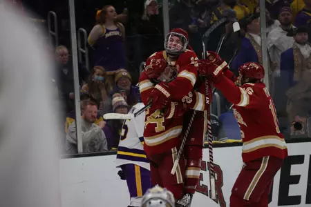 BOSTON, MA - APRIL 09: The Denver Pioneers take on the Minnesota State Mavericks during the Division I Men?s Ice Hockey Championship held at the TD Garden on April 09, 2022 in Boston, Massachusetts. (Photo by Damian Strohmeyer/NCAA Photos via Getty Images)