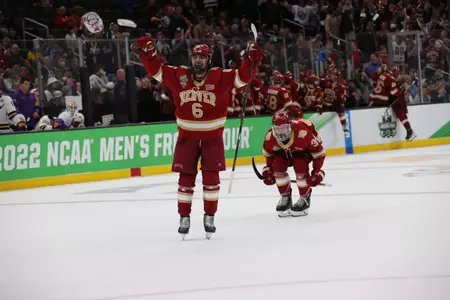BOSTON, MA - APRIL 09: The Denver Pioneers take on the Minnesota State Mavericks during the Division I Men?s Ice Hockey Championship held at the TD Garden on April 09, 2022 in Boston, Massachusetts. (Photo by Damian Strohmeyer/NCAA Photos via Getty Images)