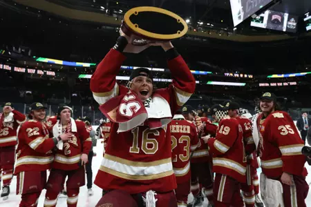 BOSTON, MA - APRIL 09: The Denver Pioneers take on the Minnesota State Mavericks during the Division I Men?s Ice Hockey Championship held at the TD Garden on April 09, 2022 in Boston, Massachusetts. (Photo by Damian Strohmeyer/NCAA Photos via Getty Images)