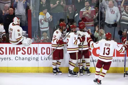 07 OCT 2022: The Denver Pioneers men’s hockey team takes on the Notre Dame Fighting Irish at Madness Arena in Denver, CO. Justin Tafoya/Clarkson Creative Photography