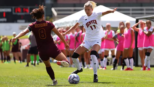 28 AUG 2022: The University of Denver’s women’s soccer team takes on the Arizona State Sun Devils at CIBER Field at the University of Denver Soccer Stadium in Denver, CO. Justin Tafoya/Clarkson Creative Photography