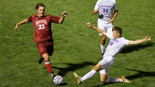 16 SEP 2022: The Denver Pioneers menâ??s soccer team takes on the Portland Pilots at the University of Denver Soccer Stadium in Denver, CO. (C. Morgan Engel/Clarkson Creative Photography)