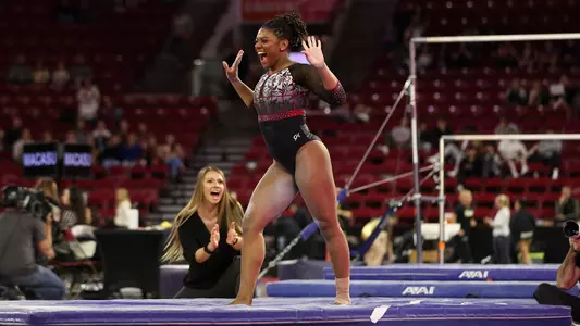 05 MAR 2023: The University of Denver women's gymnastics team competes at Magness Arena in Denver, CO. (Jamie Schwaberow/Clarkson Creative Photography)