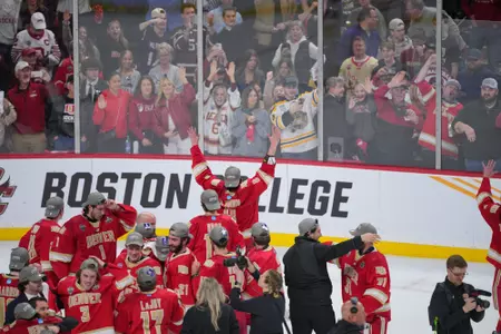 ST PAUL, MINNESOTA - APRIL 13: celebrates after defeating the Boston College at the Division I Men?s Ice Hockey Championship held at Xcel Energy Center on April 13, 2024 in St Paul, Minnesota. (Photo by Brad Rempel/NCAA Photos via Getty Images)