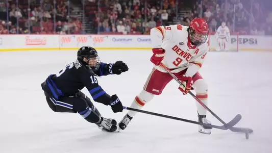 11 OCT 2025: The Denver Pioneers Men’s hockey team takes on the Bentley Falcons in Denver, CO. (C. Morgan Engel/Clarkson Creative Photography)