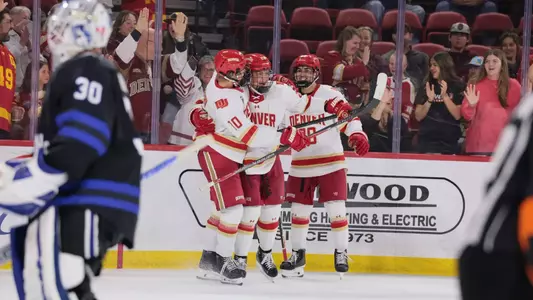 11 OCT 2025: The Denver Pioneers Men’s hockey team takes on the Bentley Falcons in Denver, CO. (C. Morgan Engel/Clarkson Creative Photography)