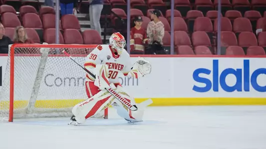 11 OCT 2025: The Denver Pioneers Men’s hockey team takes on the Bentley Falcons in Denver, CO. (C. Morgan Engel/Clarkson Creative Photography)