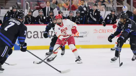 11 OCT 2025: The Denver Pioneers Men’s hockey team takes on the Bentley Falcons in Denver, CO. (C. Morgan Engel/Clarkson Creative Photography)