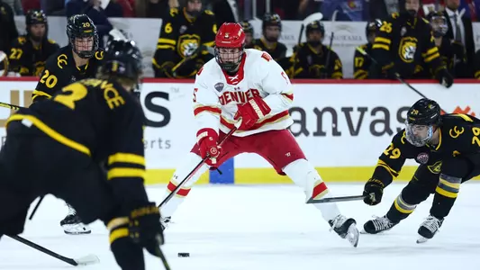 DENVER, COLORADO - NOVEMBER 14: The Denver Pioneers men’s ice hockey team takes on Colorado College at Magness Arena in Denver, Colorado. (Photo by Tyler Schank/Clarkson Creative Photography)