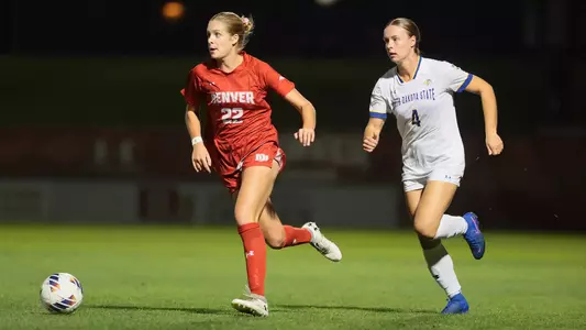 09 OCT 2025: The Denver Pioneers Women’s Soccer team takes on the South Dakota State Jackrabbits in Denver, CO. (C. Morgan Engel/Clarkson Creative Photography)