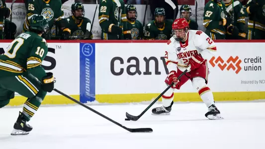 DENVER, COLORADO - OCTOBER 31: The Denver Pioneers men’s ice hockey team takes on the Alaska Anchorage Seawolves at Magness Arena in Denver, Colorado. (Photo by Tyler Schank/Clarkson Creative/Getty Images)