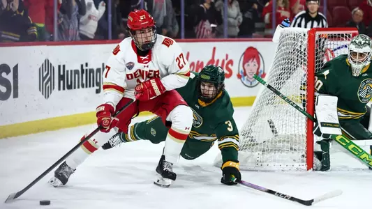 DENVER, COLORADO - OCTOBER 31: The Denver Pioneers men’s ice hockey team takes on the Alaska Anchorage Seawolves at Magness Arena in Denver, Colorado. (Photo by Tyler Schank/Clarkson Creative/Getty Images)