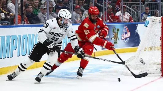 ST LOUIS, MISSOURI - APRIL 10: in the first overtime period during the Division I Men’s Ice Hockey Semifinal held at the Enterprise Center on April 10, 2025 in St Louis, Missouri. (Photo by Tyler Schank/NCAA Photos via Getty Images)
