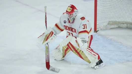 01 NOV 2025: The Denver Pioneers Men’s Hockey Team takes on Alaska Anchorage in Denver, CO. (C. Morgan Engel/Clarkson Creative Photography)