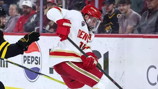 DENVER, COLORADO - NOVEMBER 14: The Denver Pioneers men’s ice hockey team takes on Colorado College at Magness Arena in Denver, Colorado. (Photo by Tyler Schank/Clarkson Creative Photography)