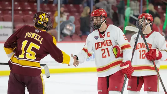 DENVER, COLORADO - FEB 27: The Denver Pioneers men’s ice hockey team takes on Arizona State at Magness Arena in Denver, Colorado. (Photo by C. Morgan Engel/Clarkson Creative Photography)