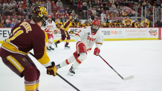 DENVER, COLORADO - FEB 27: The Denver Pioneers men’s ice hockey team takes on Arizona State at Magness Arena in Denver, Colorado. (Photo by C. Morgan Engel/Clarkson Creative Photography)